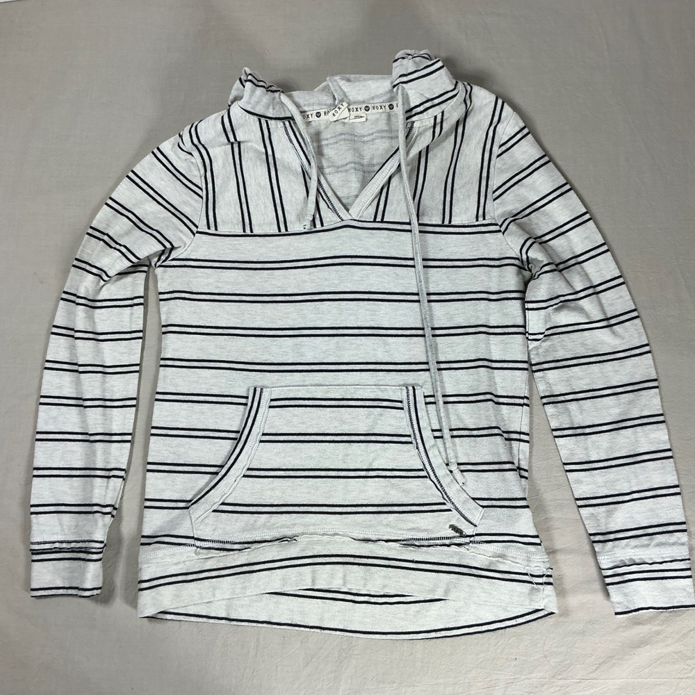 Roxy Womens Striped Lightweight Hoodie Pullover Grey Black Size Medium